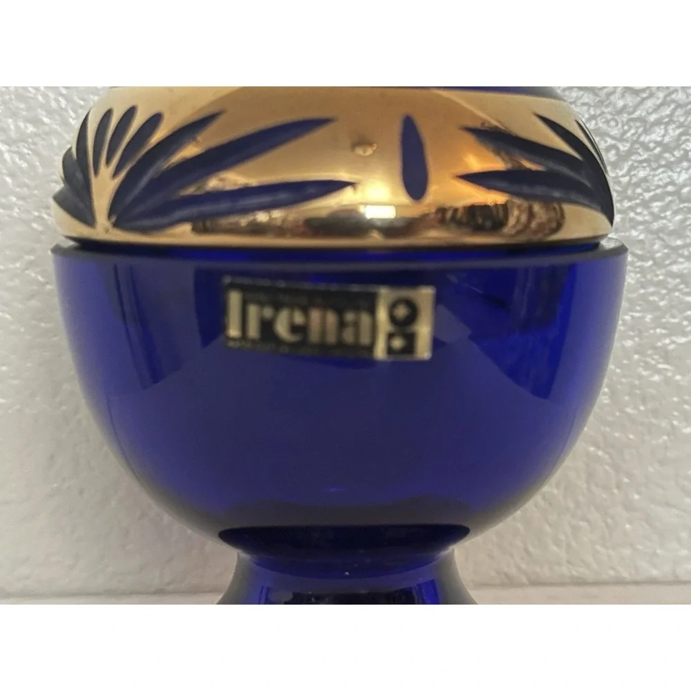 Irena Poland 24% Lead Crystal Cobalt Blue Gold Hand Cut Container Candy Dish Lid